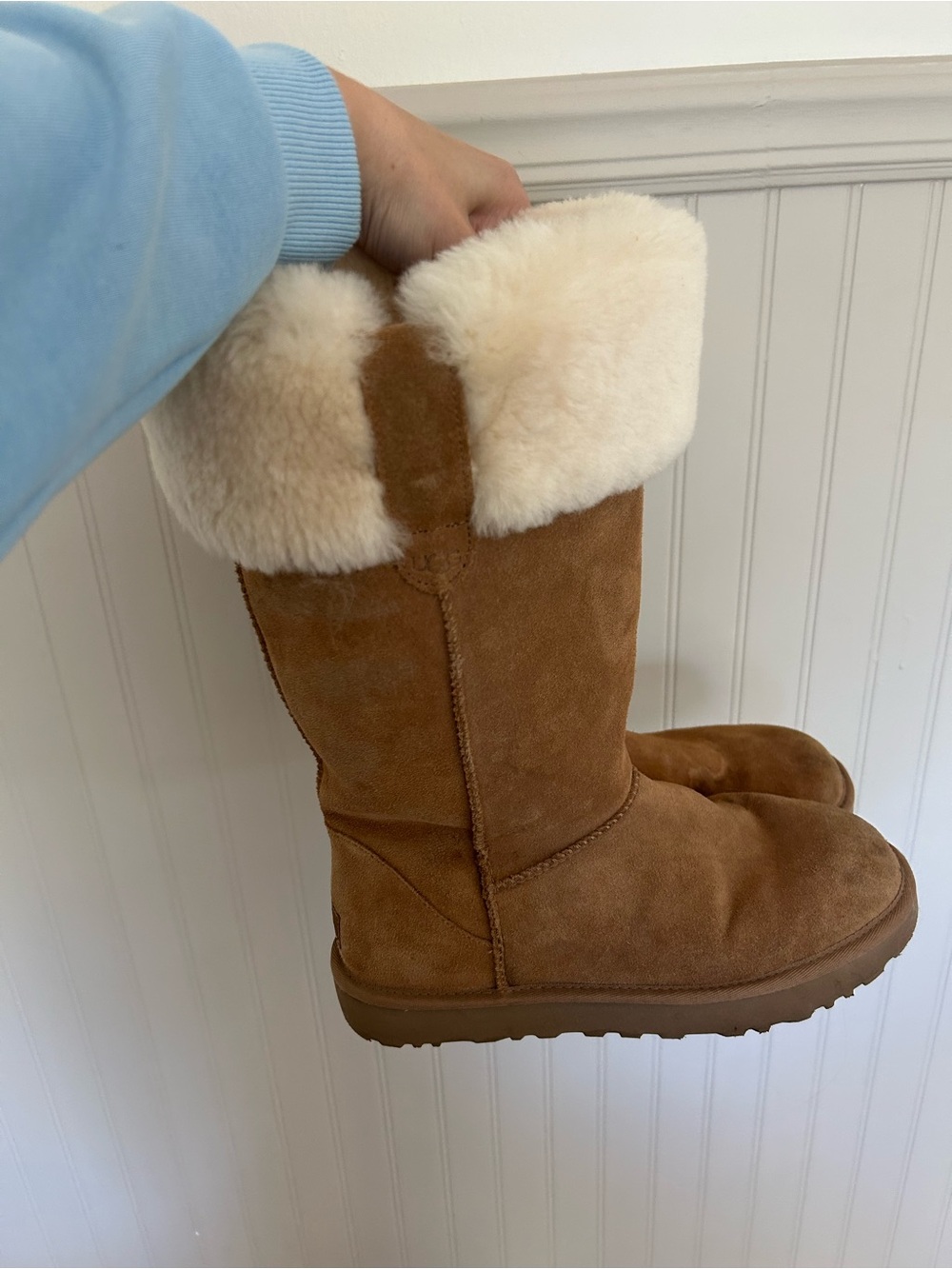 UGG Size 9 Suhenny Tall Boots Chestnut Suede Fold Over Faux Fur Cuff